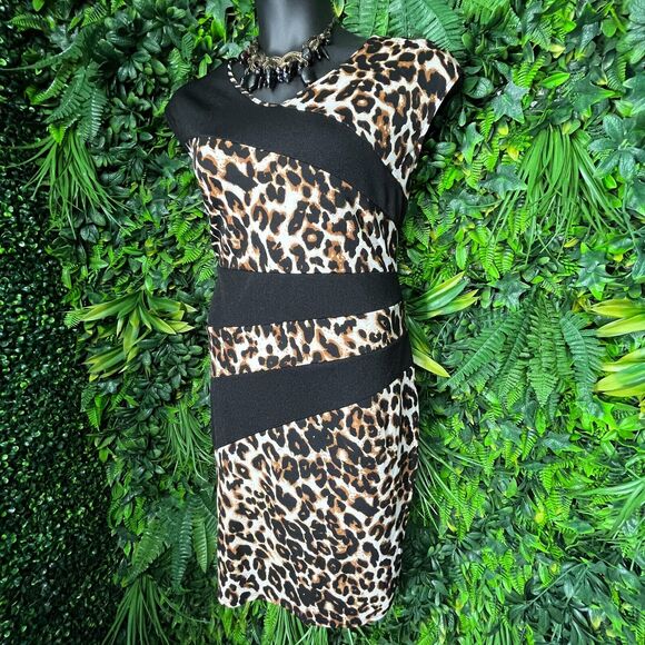 Women Dress Plus 3XL Black Leopard V Neck Sheath Stretch Fitted Spin 0976 - Picture 9 of 12